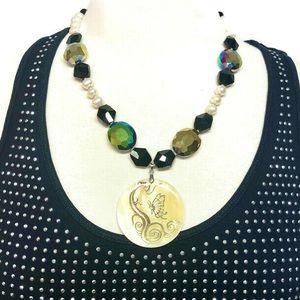 Onyx Statement Beaded Necklace Round Pearl Pendant